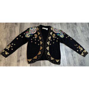 Vintage Silk Angora‎ Sweater Cardigan Womens Small Black Gold Sequins Jewels